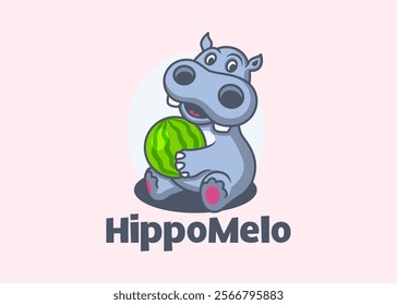 Mascot character of cute and adorable Hippopotamus holding a water melon with joyful expression, funny cartoon style illustration of animal.