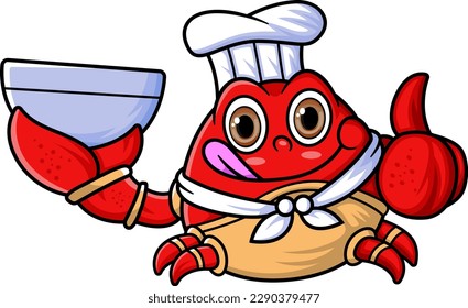 the mascot character of a cute crab works as a professional chef was carrying a bowl of soup and giving a thumbs up of illustration