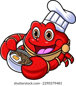 the mascot character of a cute crab works as a professional chef was carrying bowls of very tasty noodles of illustration