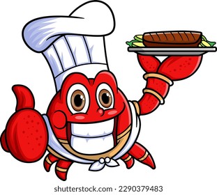the mascot character of a cute crab works as a professional chef carrying food of illustration