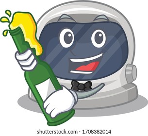 Mascot character design of astronaut helmet say cheers with bottle of beer