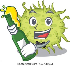 Mascot character design of bacteria coccus say cheers with bottle of beer