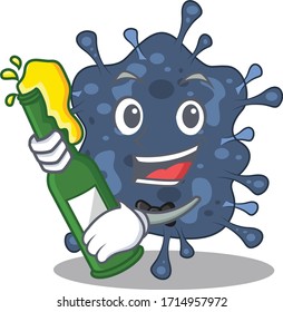 Mascot character design of bacteria neisseria say cheers with bottle of beer