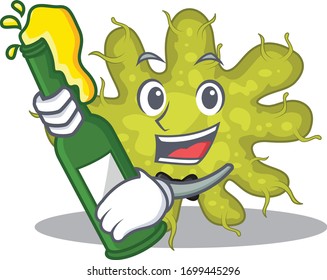 Mascot character design of bacterium say cheers with bottle of beer