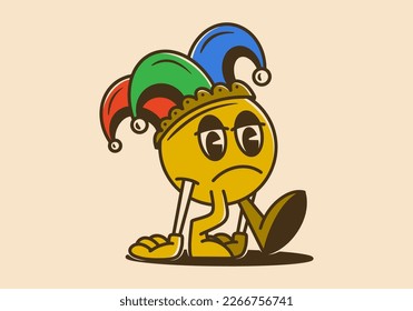 Mascot character design of a ball head with sad face wearing a clown cap