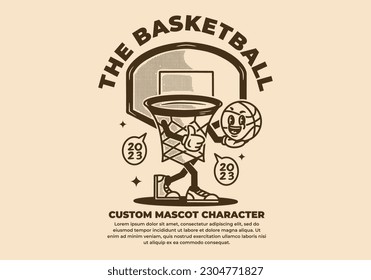 Mascot character design of basket holding ball in vintage style