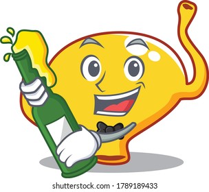 Mascot character design of bladder say cheers with bottle of beer