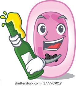 Mascot character design of bordetela pertussis say cheers with bottle of beer