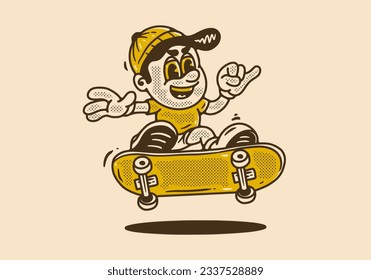 mascot character design of a boy on a skateboard, in vintage style