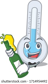 Mascot character design of cold thermometer say cheers with bottle of beer