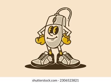 Diseño de carácter mascota de un ratón de ordenador en posición vertical