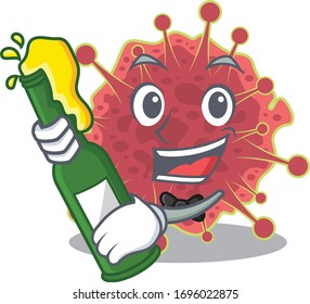 Mascot character design of coronaviridae say cheers with bottle of beer