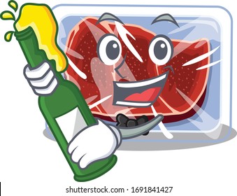 Mascot character design of frozen beef say cheers with bottle of beer