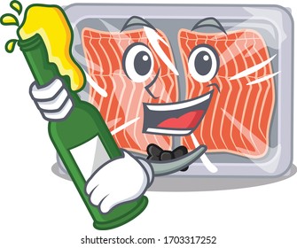 Mascot character design of frozen salmon say cheers with bottle of beer