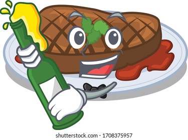 Mascot character design of grilled steak say cheers with bottle of beer