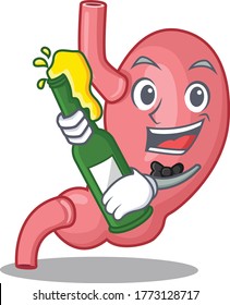 Mascot character design of human stomatch say cheers with bottle of beer