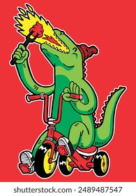 mascot character design illustration of green dinosaur dragon raptor riding a red tricycle with fire and red background