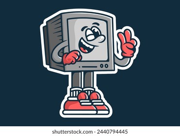 Mascot character design of old monitor standing with hand forming a peace symbol. Gray color