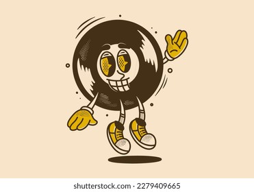 Mascot character design of old round vinyl with happy face