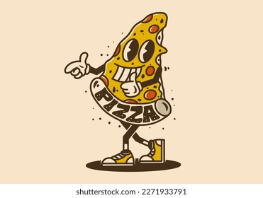 Diseño de caracter mascota de una porción de pizza con cara feliz