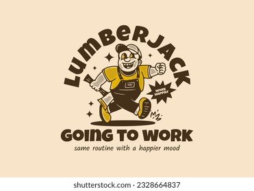 Mascot character design of running lumberjack holding ax, drawing in vintage style