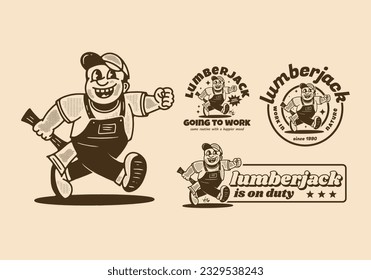 Mascot character design of running lumberjack holding ax, drawing in vintage style