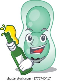 Mascot character design of serratia marcescens say cheers with bottle of beer