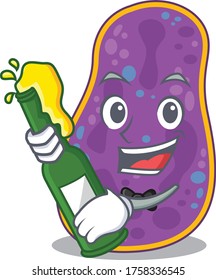 Mascot character design of shigella sp. bacteria say cheers with bottle of beer