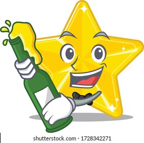 Mascot character design of shiny star say cheers with bottle of beer