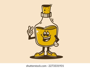 Mascot character design of a standing alcohol bottle with hands forming a peace symbol