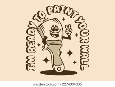 Mascot character design of a standing paintbrush with hands forming a peace symbol