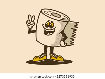Diseño de carácter mascota de un rollo de tejido permanente con las manos formando un símbolo de paz