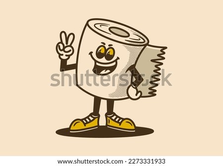 Mascot character design of a standing tissue roll with hands forming a peace symbol