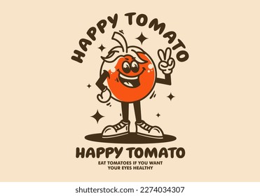 Mascot character design of a standing tomato with hands forming a peace symbol