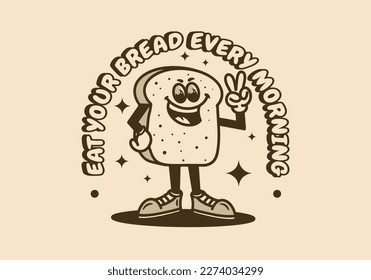 Mascot character design of a standing white bread with hands forming a peace symbol