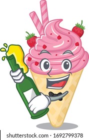 Mascot character design of strawberry ice cream say cheers with bottle of beer