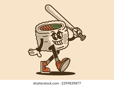 Mascot character design of a sushi roll holding a baseball stick in vintage style