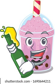 Mascot character design of taro bubble tea say cheers with bottle of beer