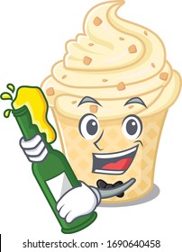 Mascot character design of vanilla ice cream say cheers with bottle of beer