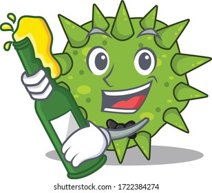 Mascot character design of vibrio cholerae say cheers with bottle of beer