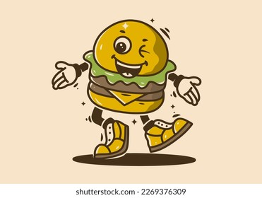 Mascot character design of walking burger with happy face