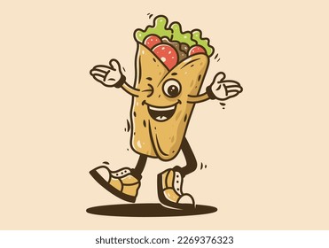 Mascot character design of walking mexican burritos with happy face