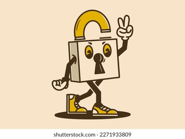 Mascot character design of walking padlock in vintage color