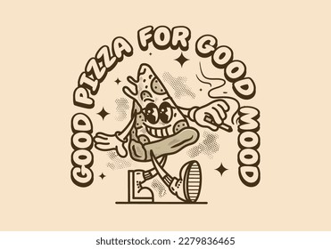 Diseño de caracter mascota para caminar pizza rebanada con cara feliz