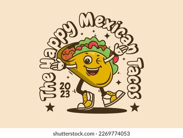 Mascot character design of walking tacos with happy face