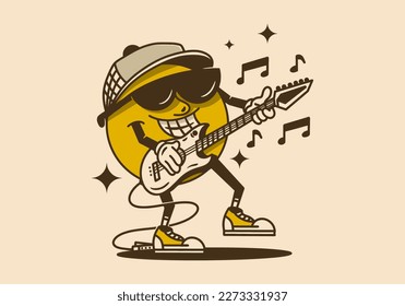 Mascot character design of a yellow ball playing rock music with guitar