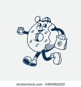 donut del personaje de la mascota con el estilo retro bueno para la compañía de la comida de la marca, logotipo, símbolo, carácter estupendo, mascota de la comida