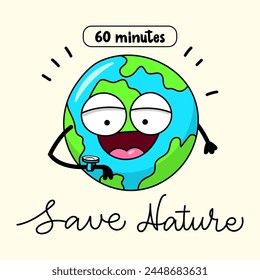 Mascot character Earth planet watching for clock. Call action. Off light for 60 minutes. Save earth, nature. Vector, illustration, sticker.