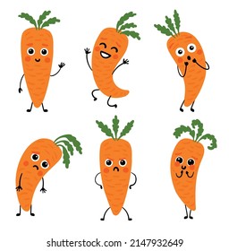 Mascot character, emotions set: flat cartoon carrot emotions.