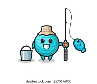 Mascot character of exercise ball as a fisherman , cute style design for t shirt, sticker, logo element